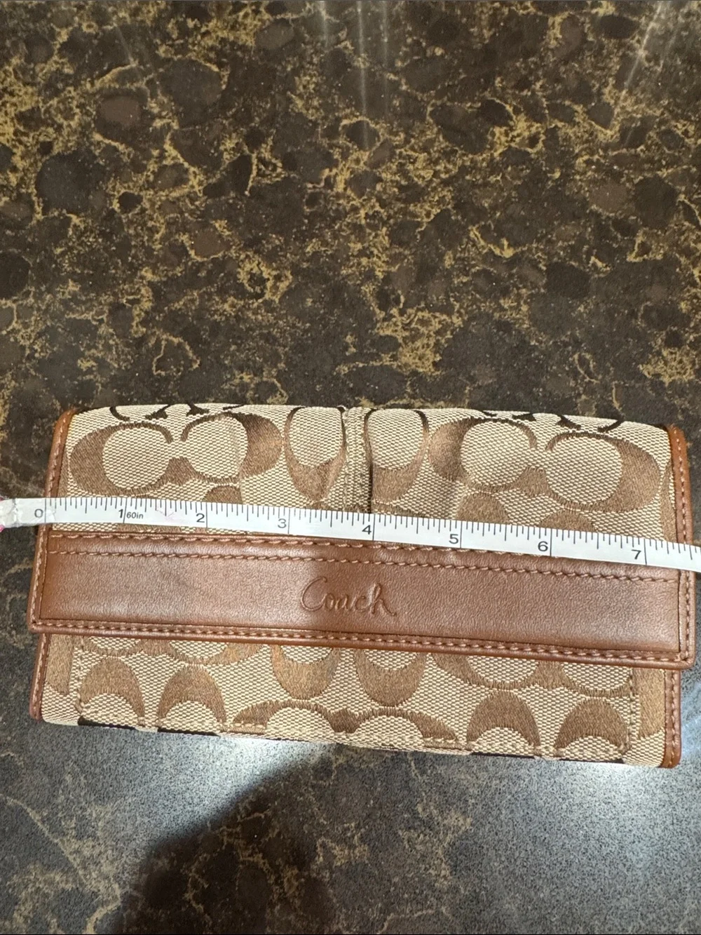 Coach Tan Signature “C” Canvas trifold Wallet with Brown Leather Trim embossed